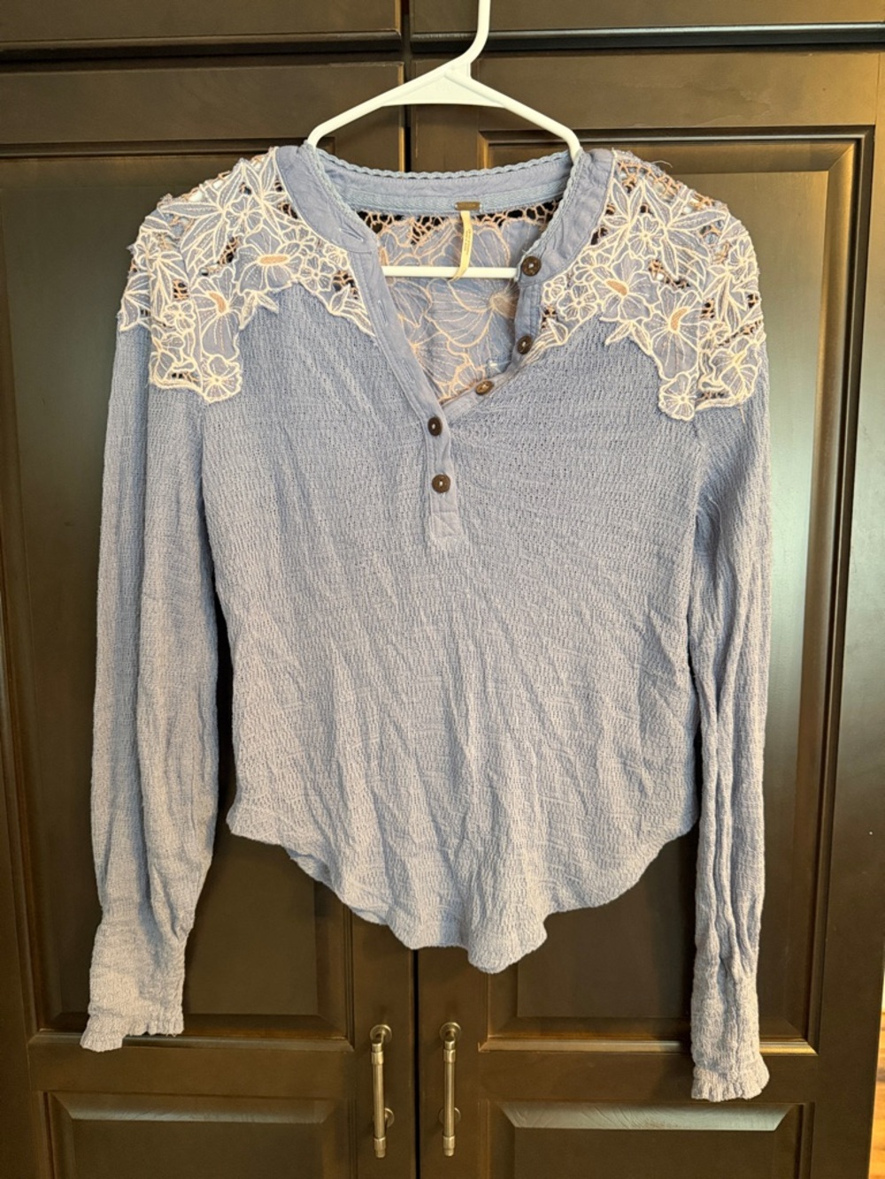 Free People Pale Blue Long Sleeve Henley with Lace Yoke